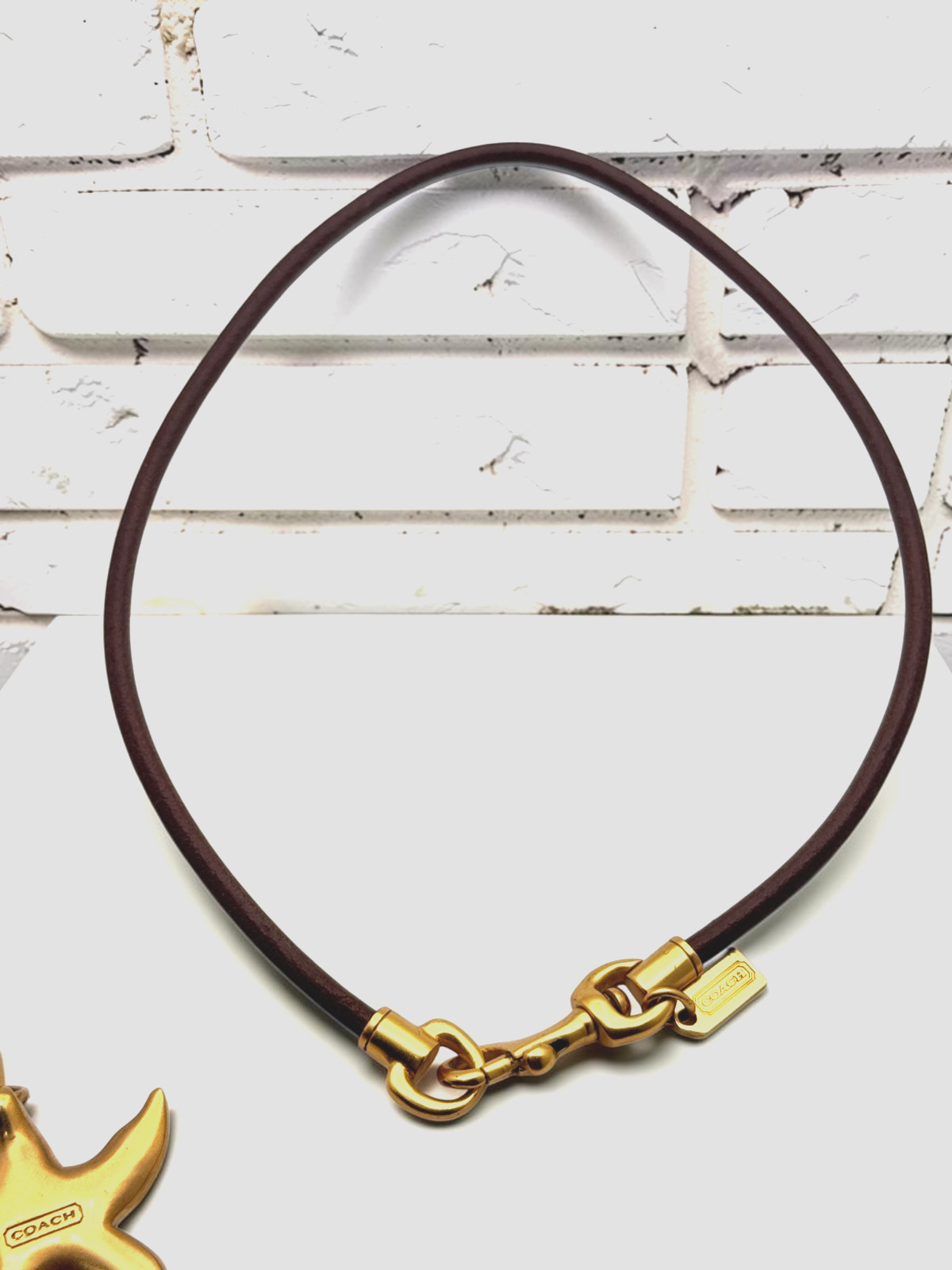 Coach Vintage Enamel White Rhinestone Starfish Charm Leather Short Necklace Y2K