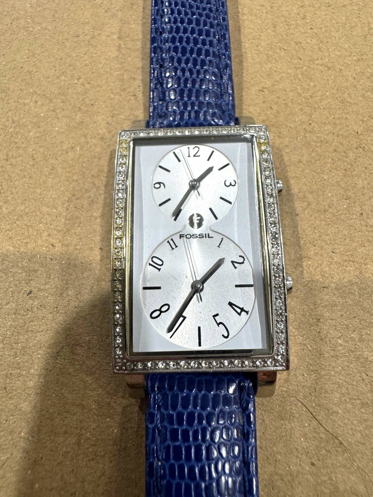 Fossil Women Dual Quartz Rectangular Gem-Set Bezel Blue Leather Strap 25mm