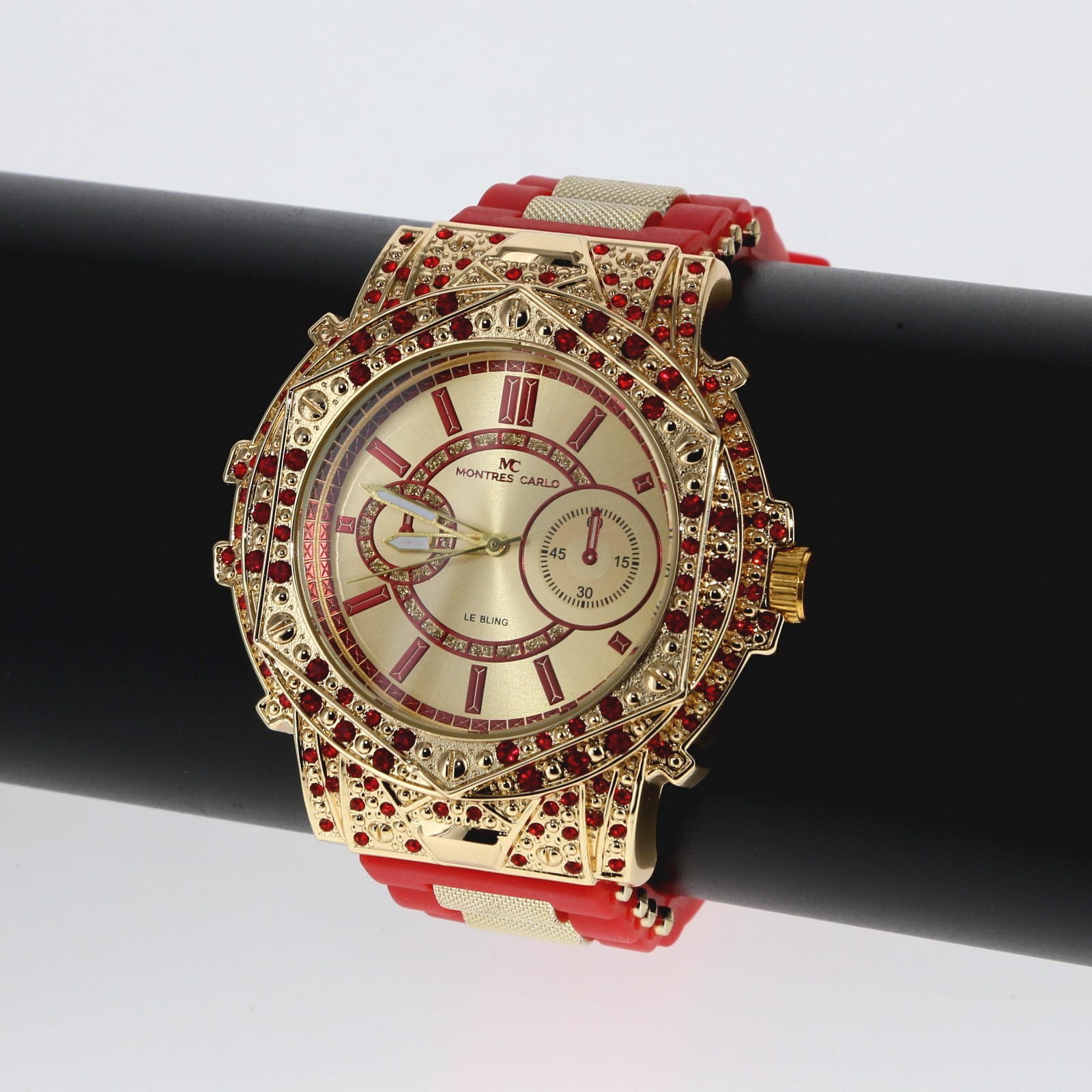 Montres Carlo Men’s Hip Hop rapper Red Stones Gold Finish Clubbing Luxury Watch