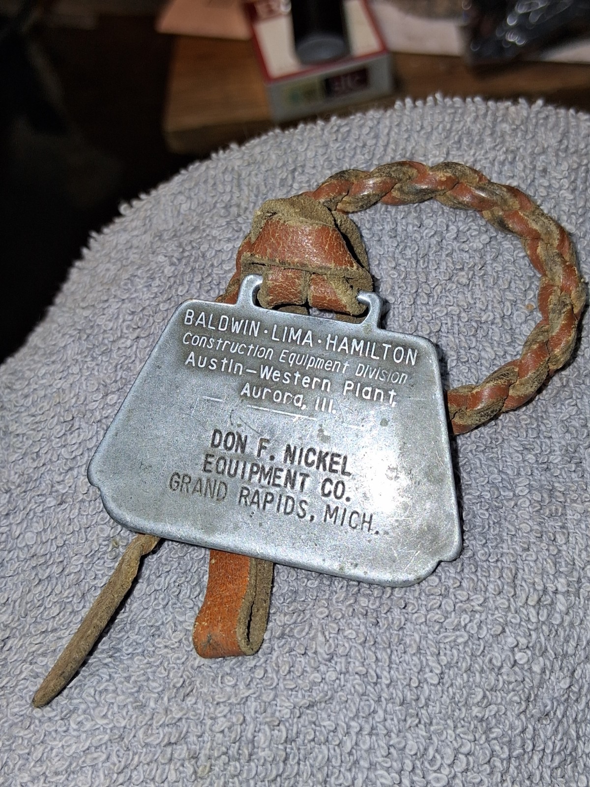 Vtg Austin Western Heavy Equipment Watch Fob w/Strap. Don F Nickel Grand Rapids