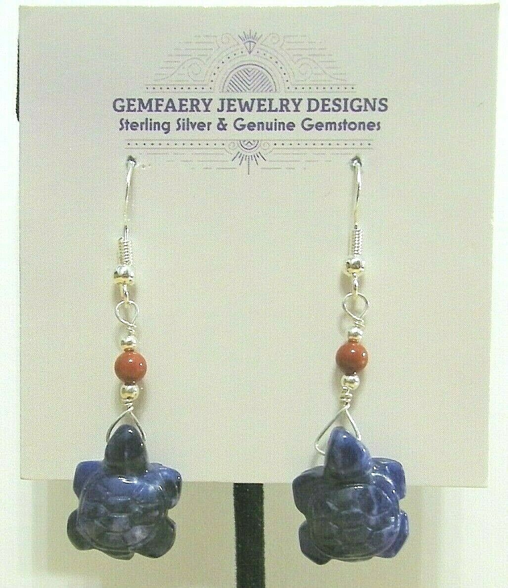 Sterling Silver Carved SODALITE Turtle Gemstone Dangle Earrings…Handmade USA