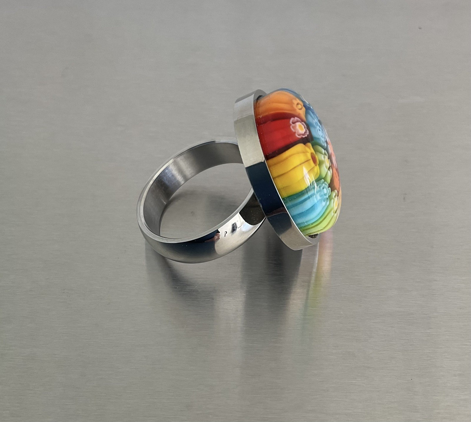 Multi Color Round Murano Millefiori Style Glass Ring Stainless Steel SZ 6, 9, 10