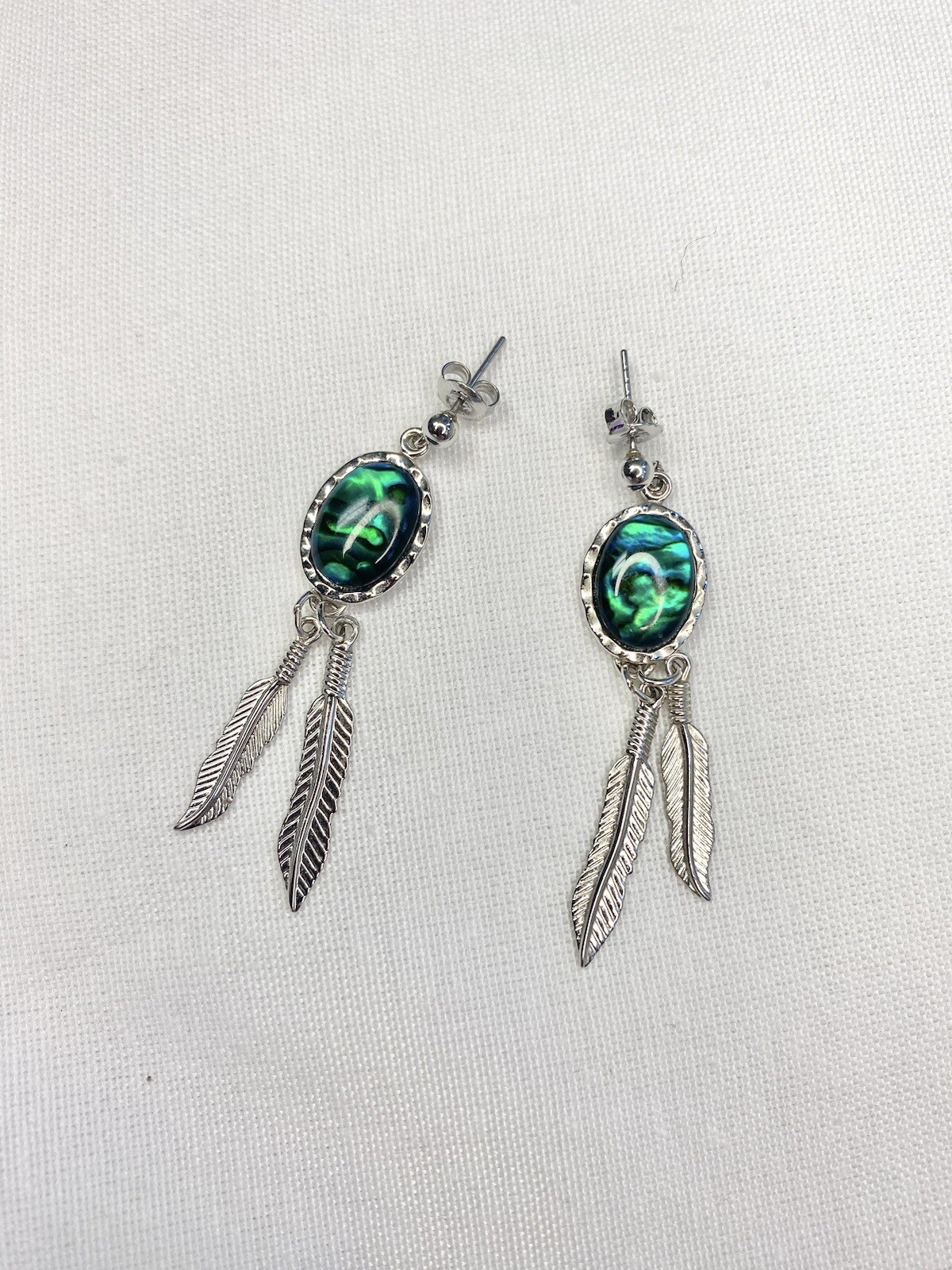 Wheeler Manufacturing Sterling Silver Feathers Green Abalone Shell Earrings