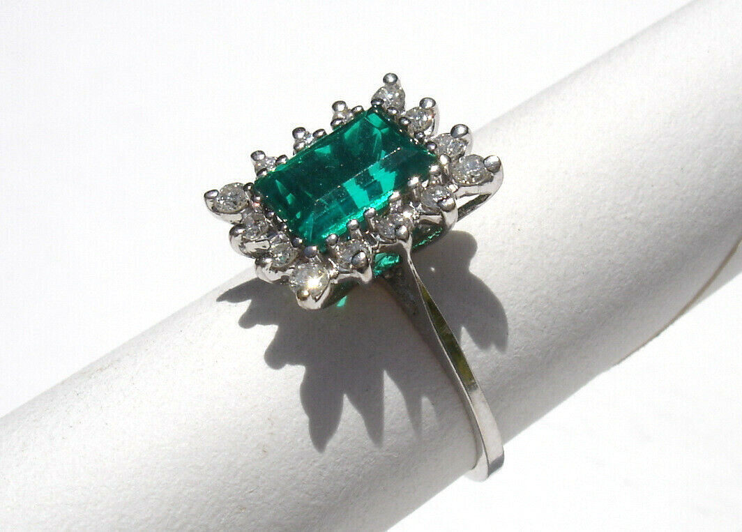 (1.51 Carat) EMERALD (.42 ctw) Diamond RING 14K white GOLD (Chatham lab created)