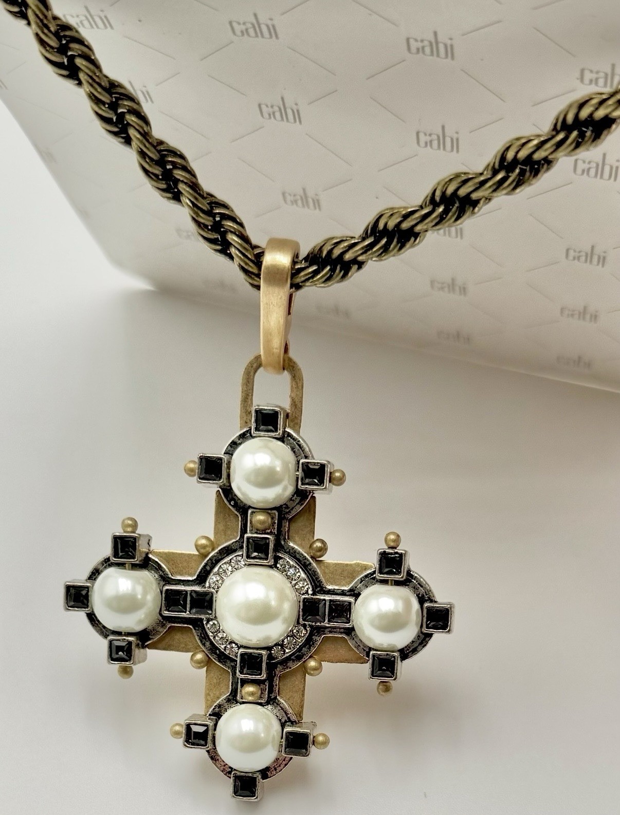 Cabi Tudor Maltese Cross Pendant Necklace Faux Pearl Black Crystal Rope Chain