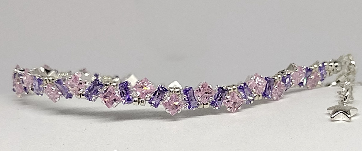 7-inch Bracelet Angle Stack – 3mm Pink SQUARE-2x4mm Purple Rectangle Prong-Set
