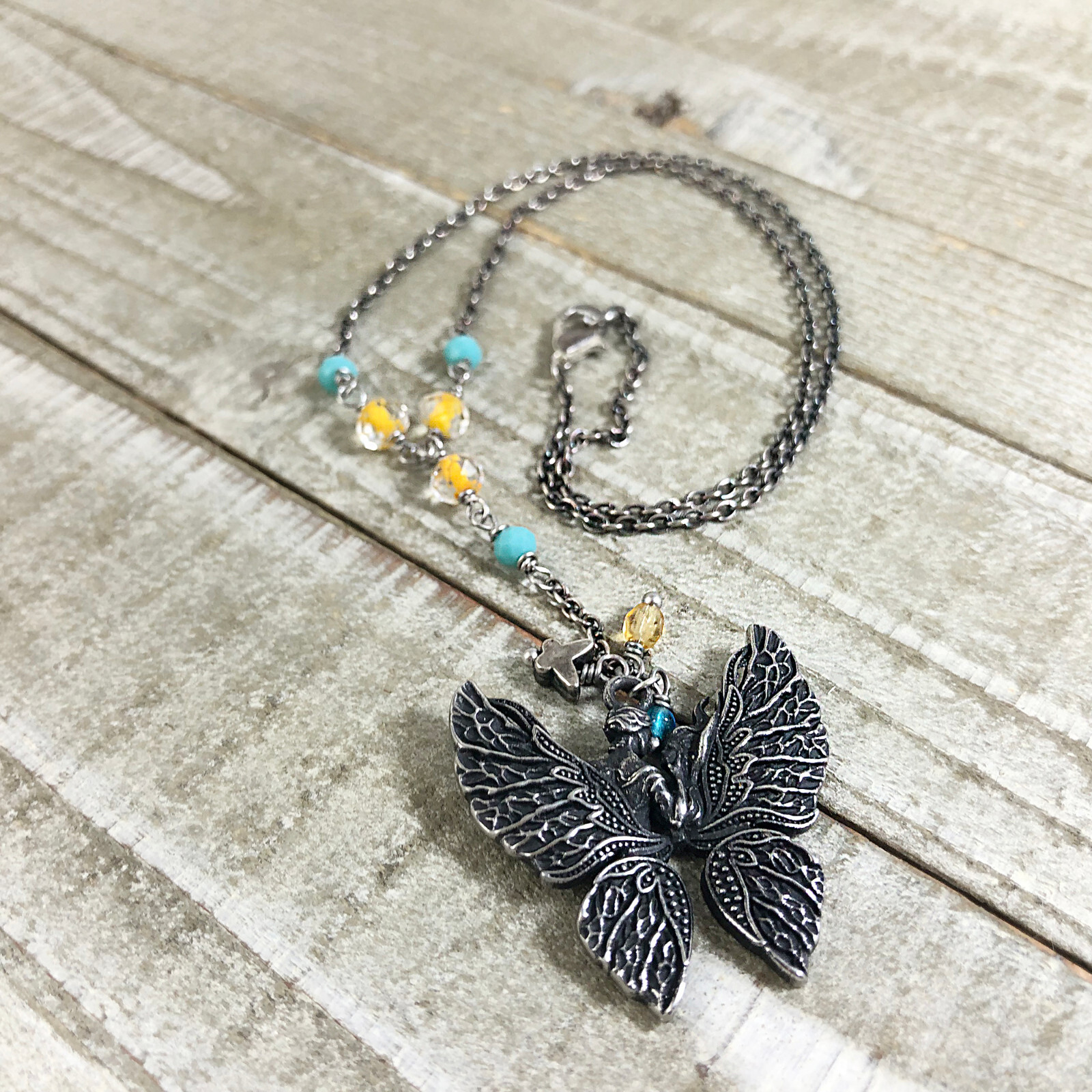 Oxidized Pewter Butterfly Y choker with Two Fairies Kissing