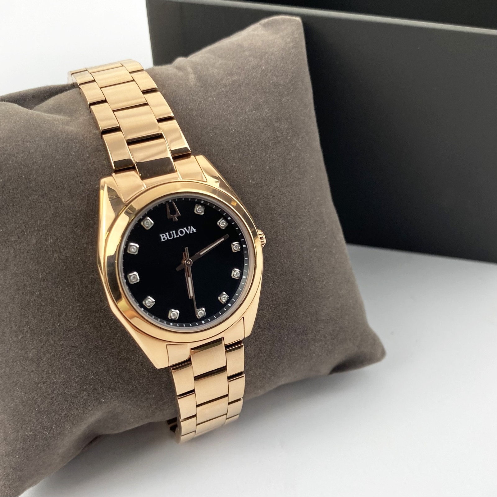 Bulova Surveyor 97P156 Womens Quartz Watch Grey Dial Rose Gold Diamond Stainless