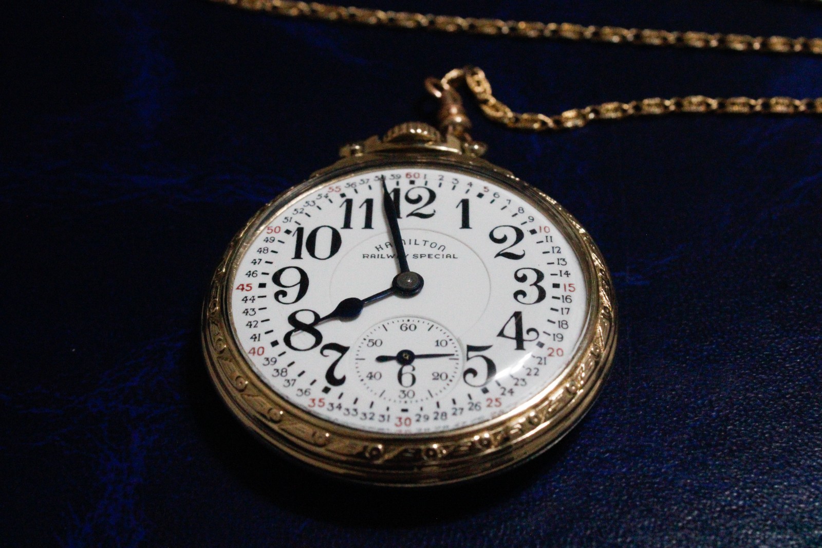 1955 Hamilton 992B 21J Gold Filled 16s Railroad Pocket Watch, Chain and Display