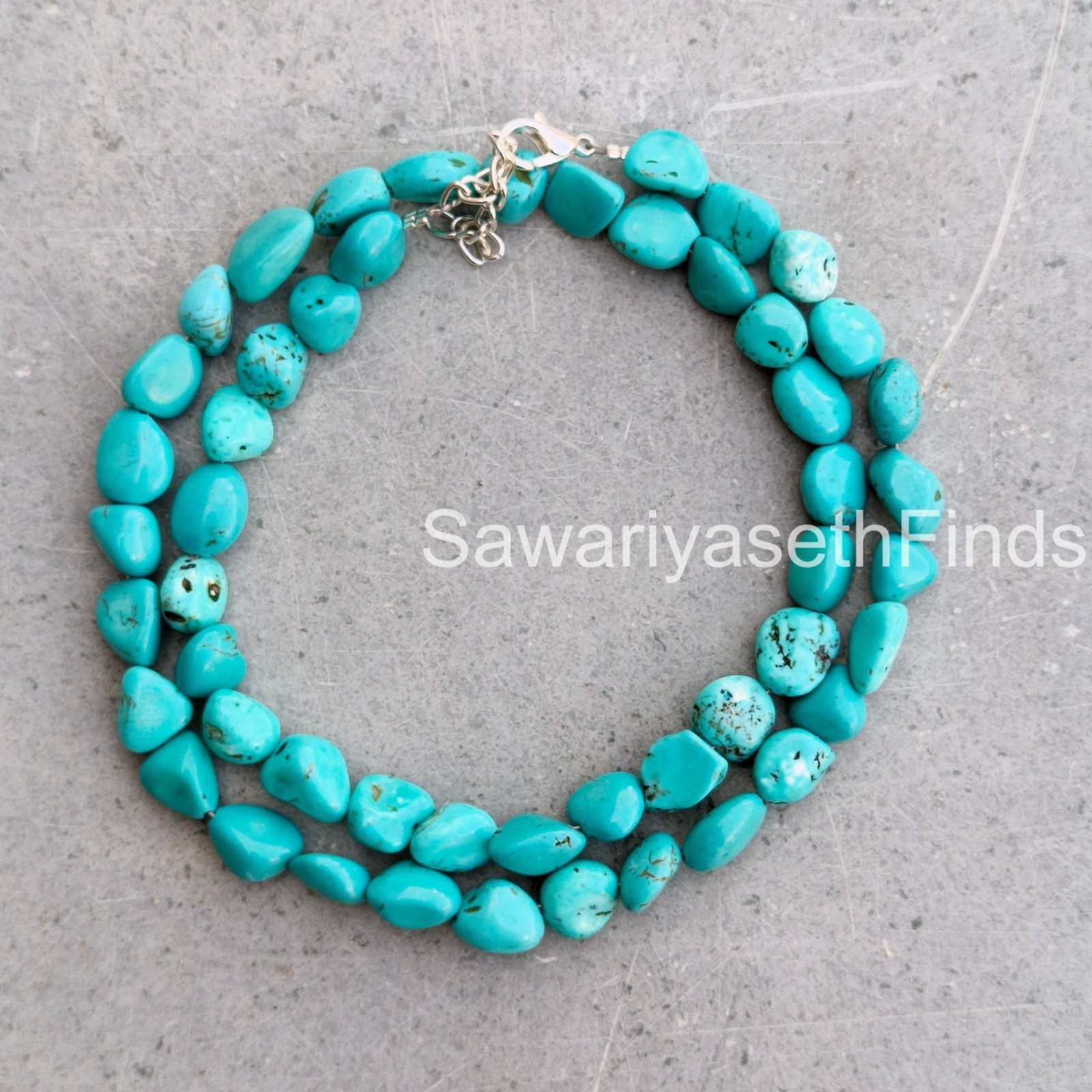 Natural Turquoise Nugget Beads Necklace, Boho Sterling Silver Clasp, December