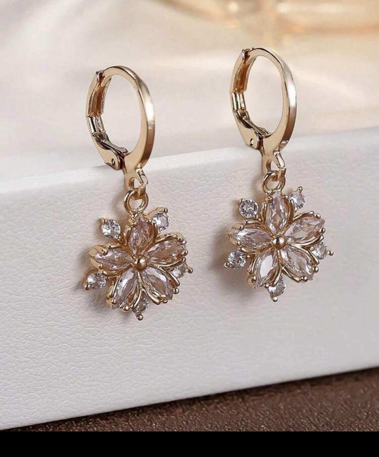Gold-Tone Flower Pink Simulated Cubic Zirconia Dangle/Drop Leverback Earrings
