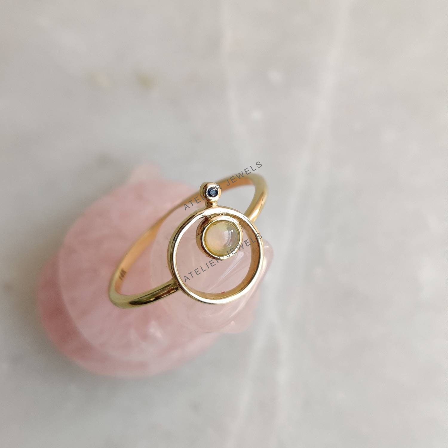 0.11 Ct Natural Opal Sapphire Band Ring 14K Gold Minimalist Birthstone Design