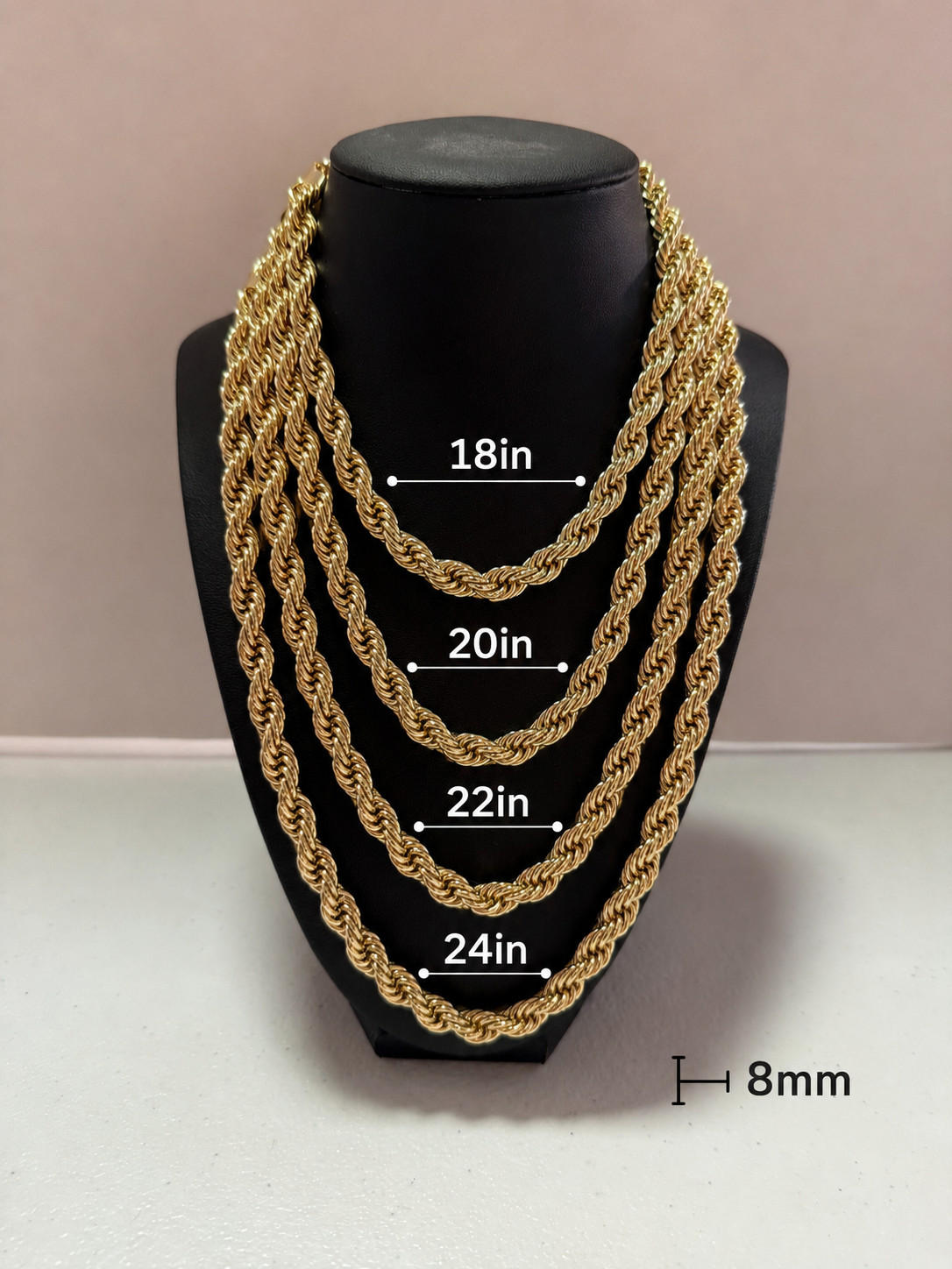 14k Gold plated mens womens rope chains 8mm-6mm 18in-24in chain necklace