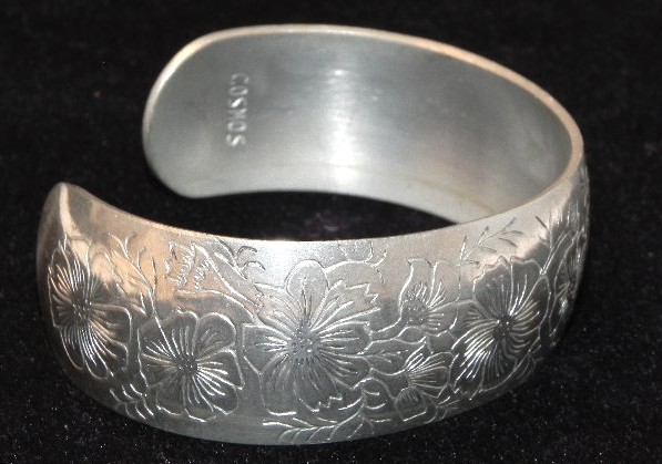 Vintage Leonard Genuine Pewter Open Cuff Bracelet Cosmos Flower Bolivia
