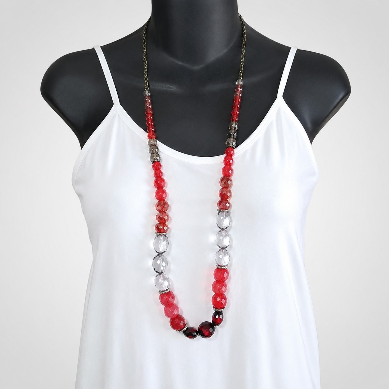 Red Black Long Statement Necklace Faceted Lucite Beaded Colorful 34″ rd01-15