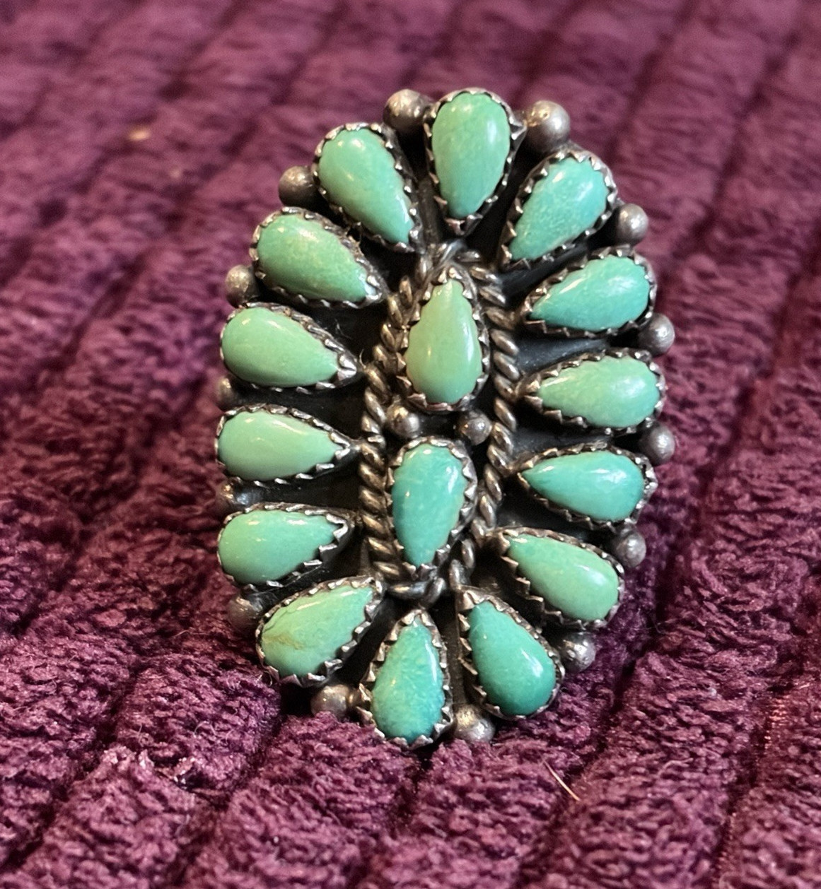 Vintage Navajo sterling silver turquoise cluster ring signed Y&R Charley size 9