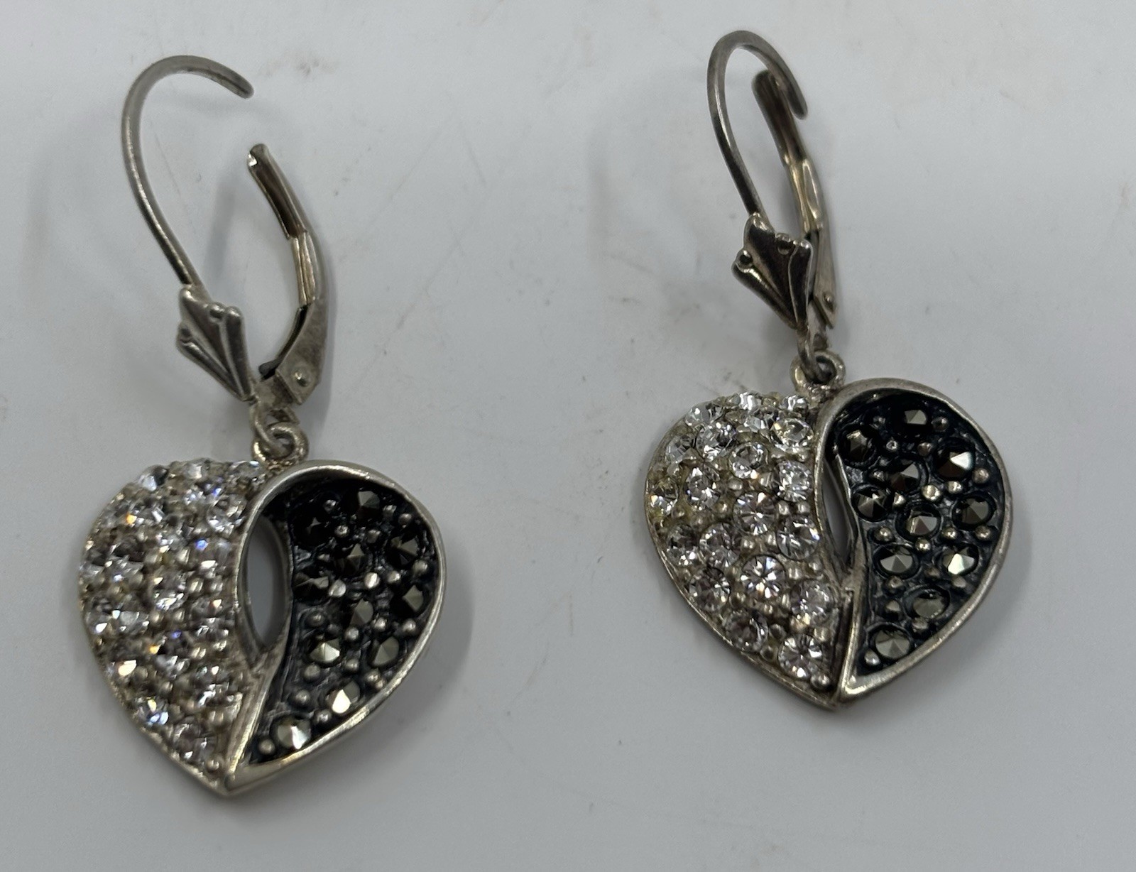 Sterling Silver Marcasite/cubic Zirconia Dangle Heart Earrings