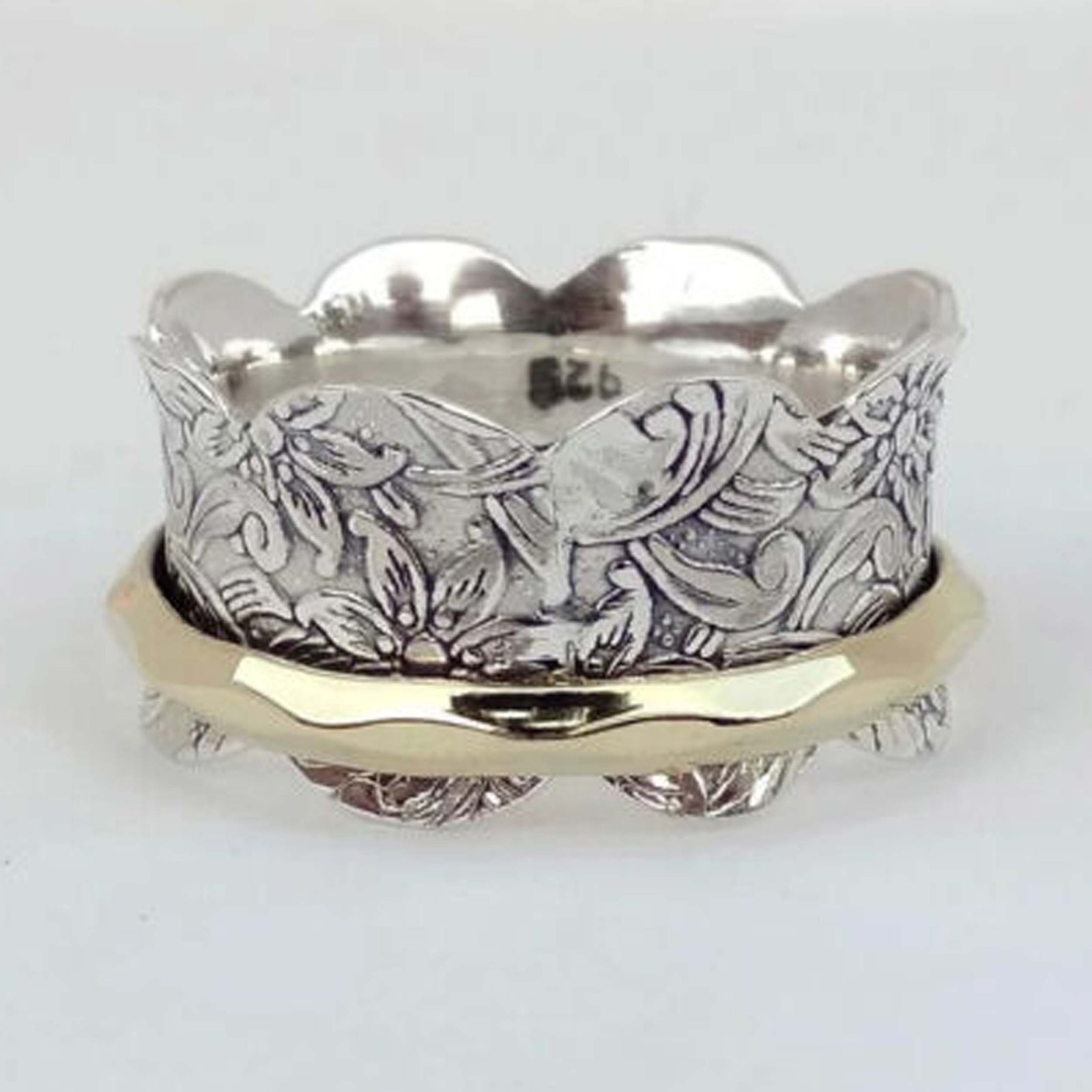 Spinner Ring, 925 Sterling Silver & Brass Tone Band, Floral Anxiety Fidget Ring