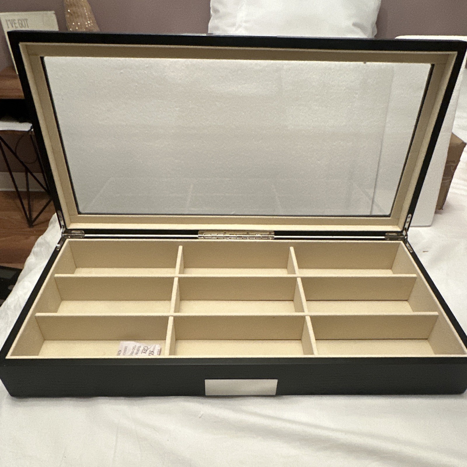 Black Wood Jewelry Box Glass Top Beige Lined 10 Slot Rectangle Display Case
