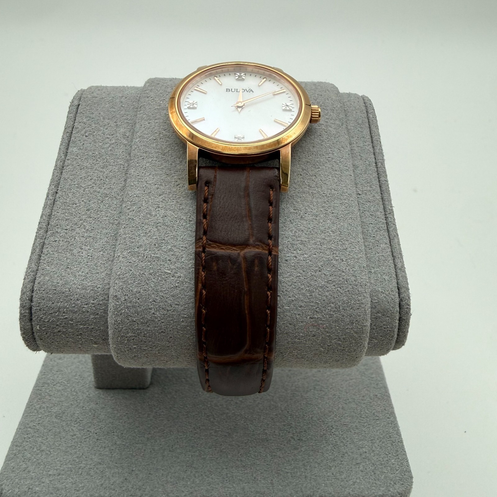 Bulova 97P105 Women’s Quartz Diamond Accents Gold Brown Leather 27mm Watch NEW