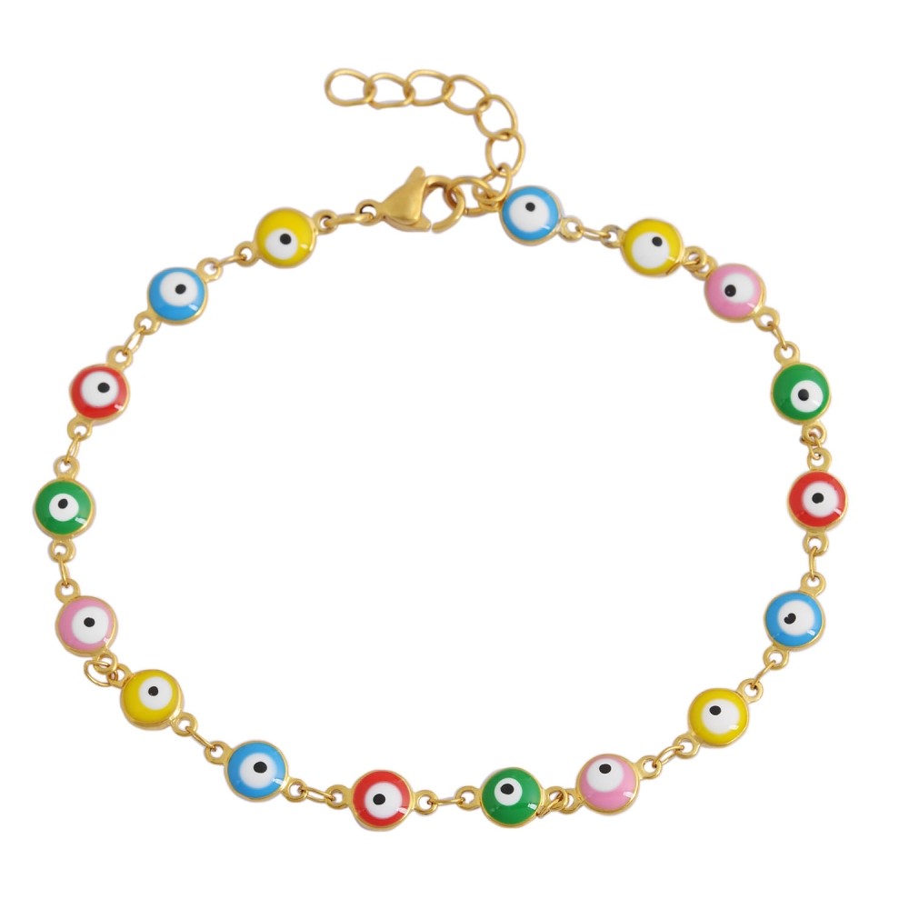 18k Gold Plated Multi-Colored Yellow Blue Red Green Pink Evil Eye Anklet, 9″+ 2″
