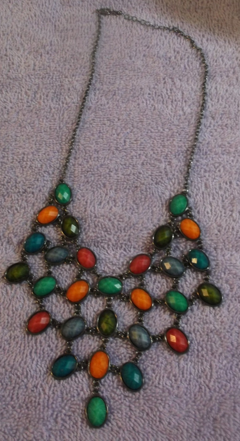 Vintage Gun Metal Colored Necklace With Colored Acrylic Stones ~ 21 1/2″