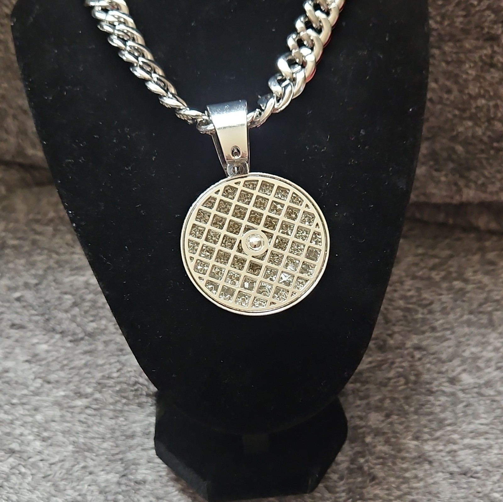 Silver Tone Cuban Link Chain Necklace w/ Pavé Rhinestone Round Charm Pendant