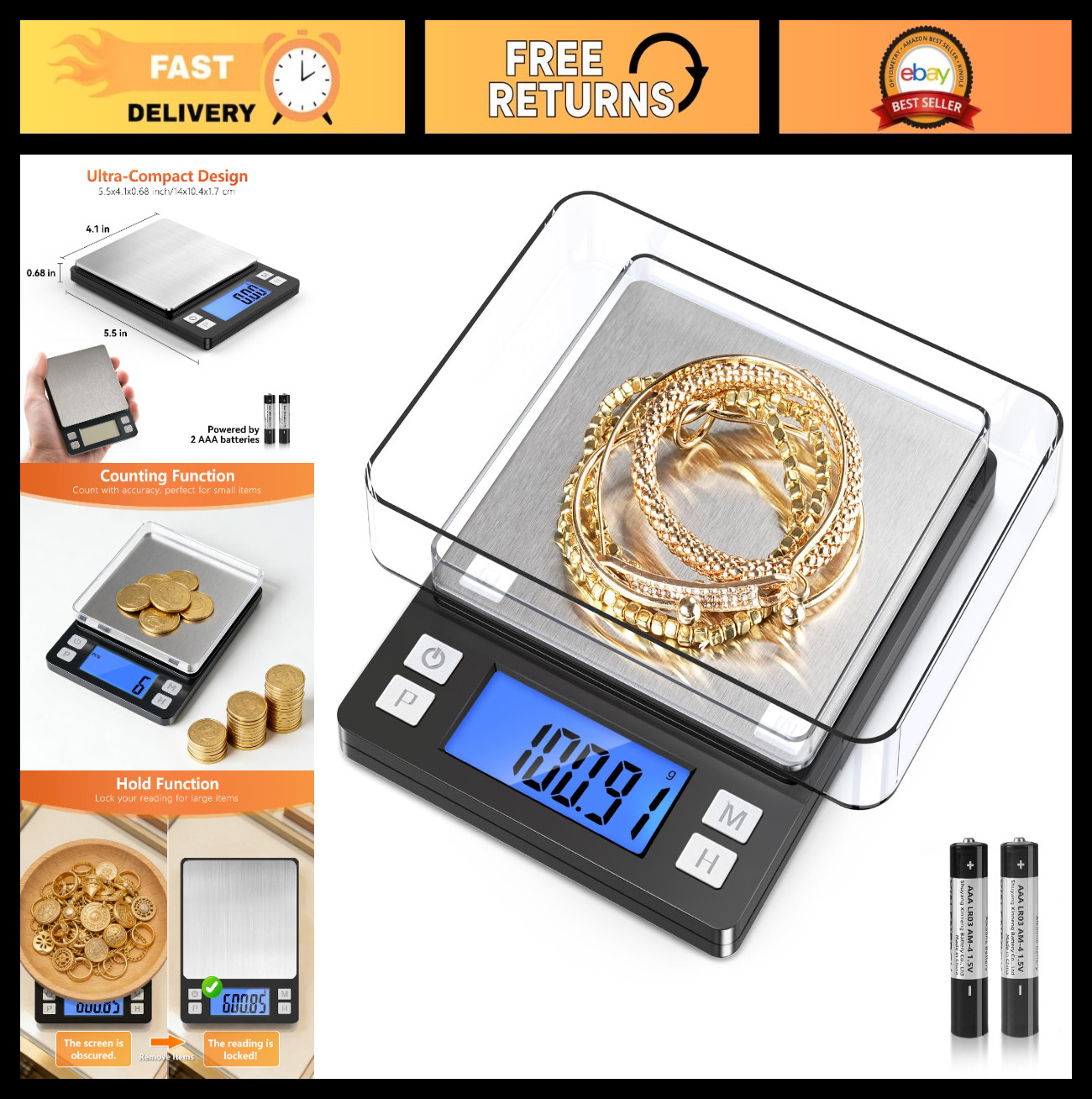 High Precision 0.01g Digital Jewelry Scale 1000g – Tare, Hold, Counting, Portabl