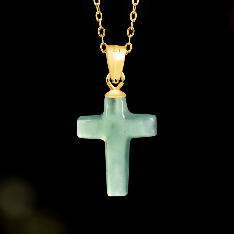 Natural Grade A Jade Jadeite Jade Cross Gold Plated 925 Sterling Silver Pendant