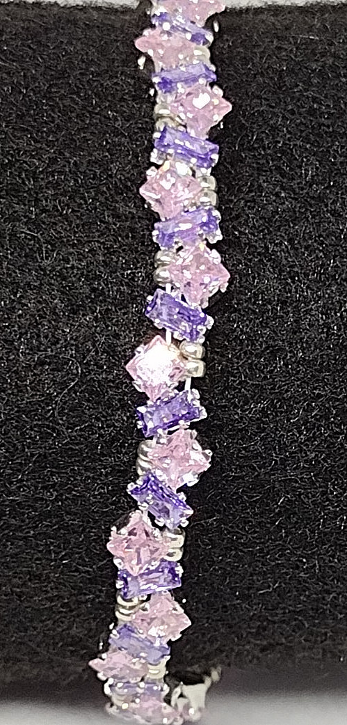 7-inch Bracelet Angle Stack – 3mm Pink SQUARE-2x4mm Purple Rectangle Prong-Set