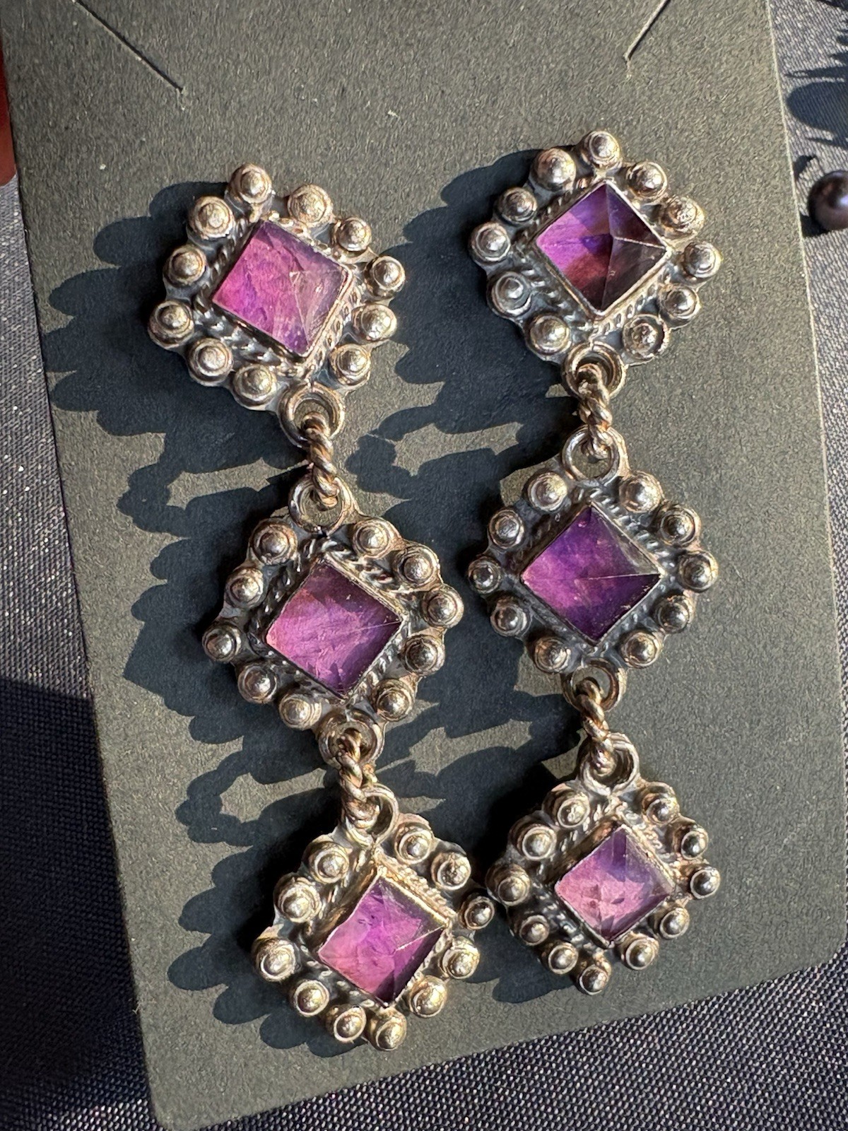 Vintage Pyramid Amethyst Sterling 2.75” Earrings 32g signed NM 925 Mexico RARE