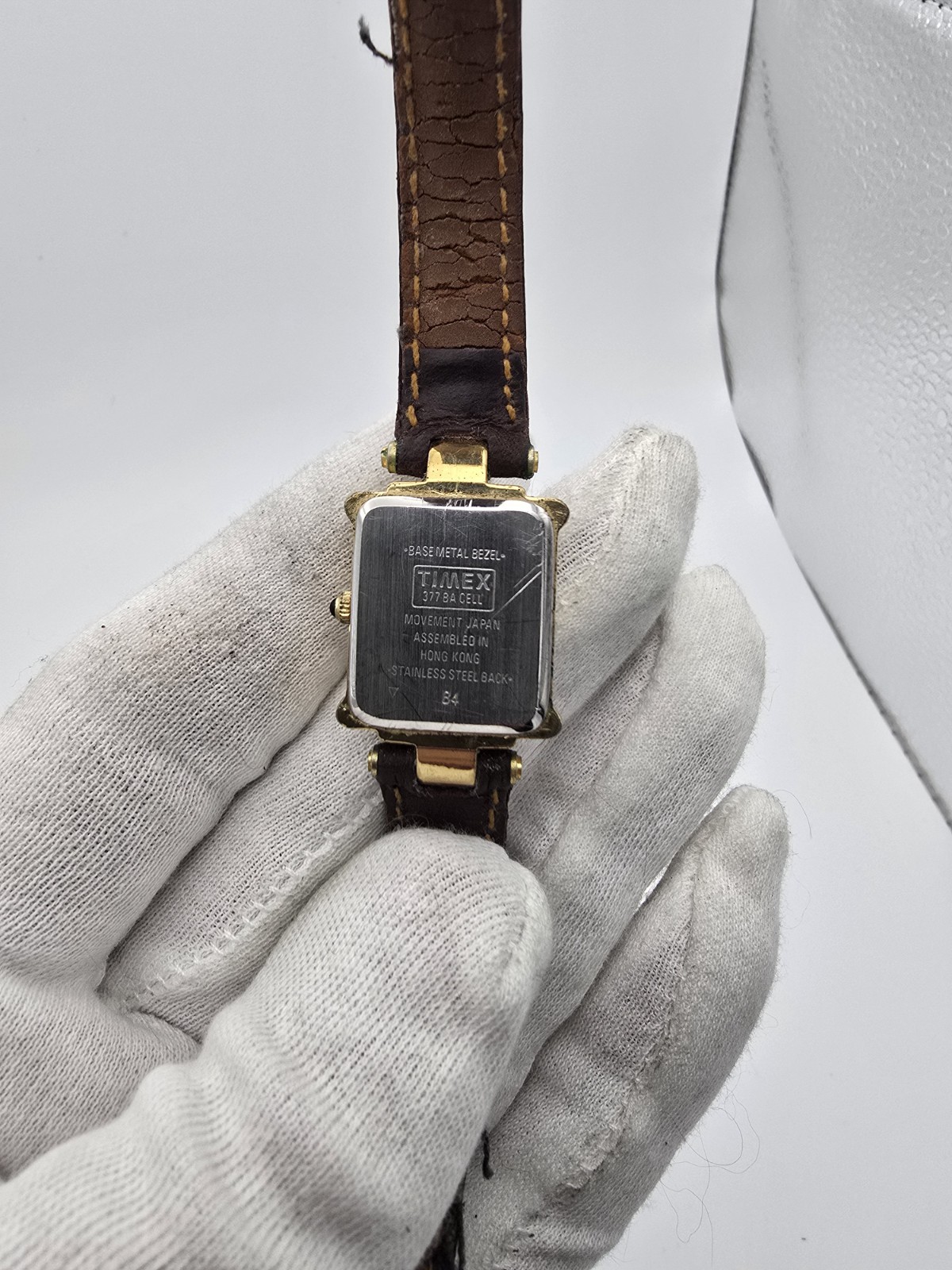 Timex Women’s Quartz Analog Square Gold Tone White Roman Dial Brown Leather