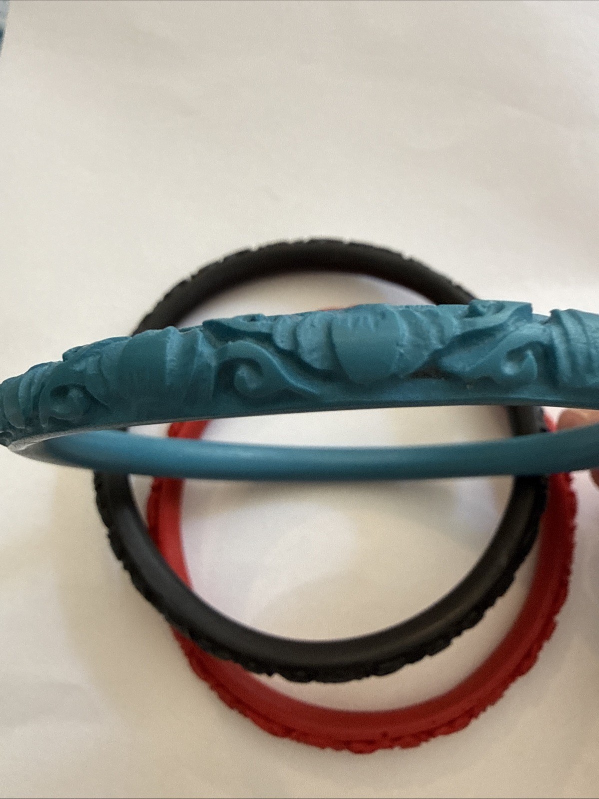 Vintage Chinese Export Faux Cinnabar Carved Resin Bangle Set- 3 Red, Teal, Black