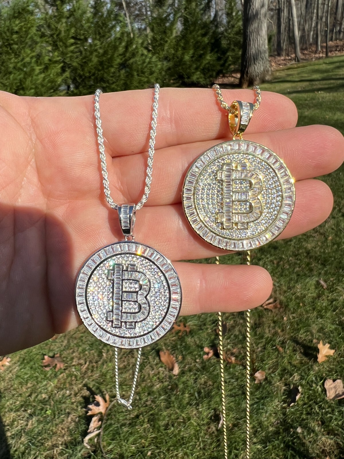Solid 925 Silver 14K Gold Plated Bling Out BITCOIN CZ Hip Hop Pendant Necklace