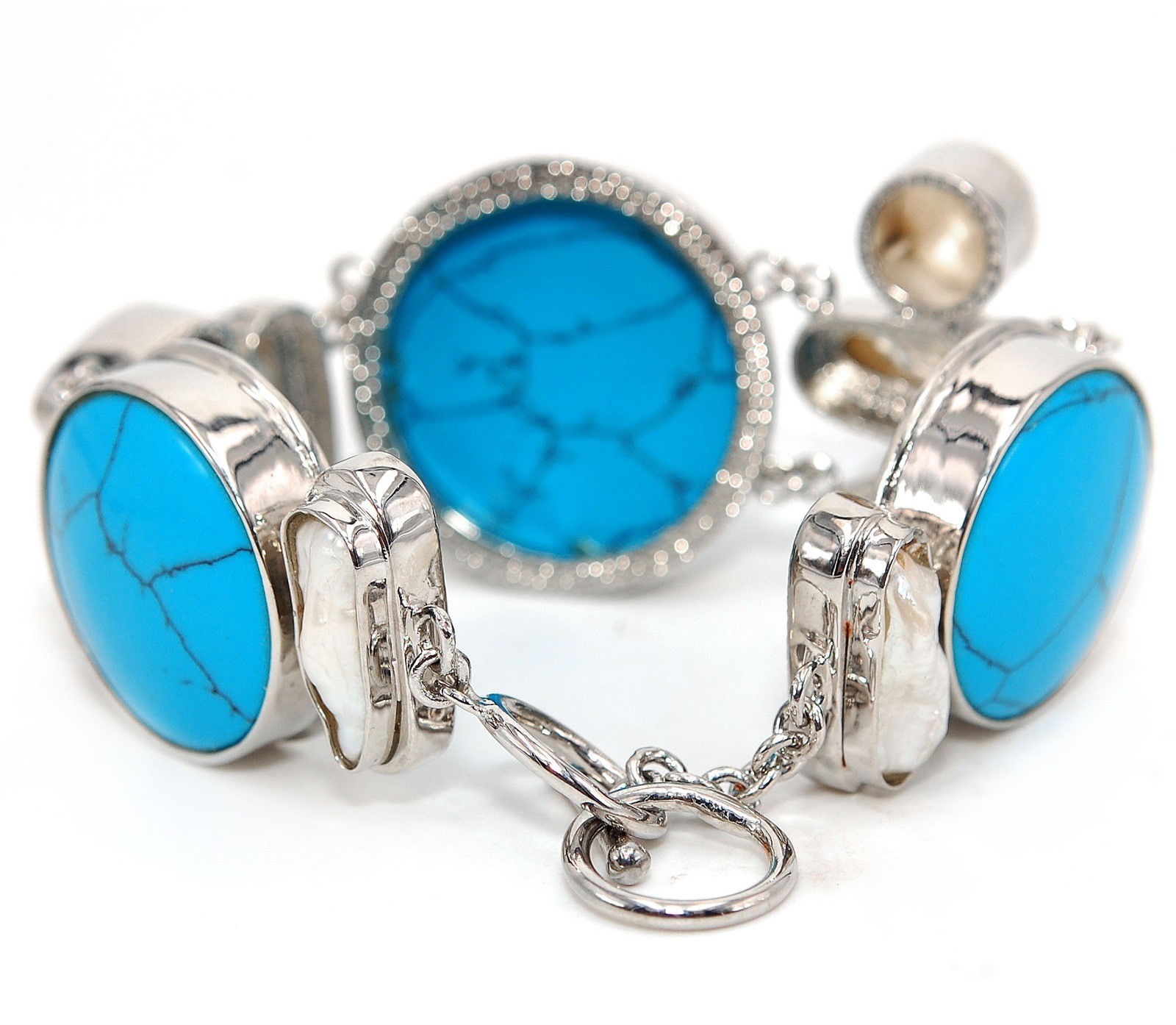 Natural Spider Web Turquoise & Pearl 925 Sterling Silver Tennis Bracelet SQ7-8