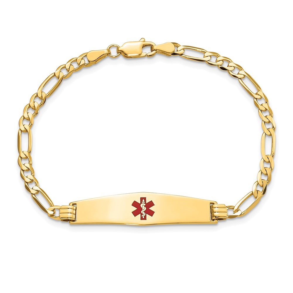 14K Yellow Gold Solid Chain 33x8mm Red Enamel Flat Figaro Link Bracelet 7″