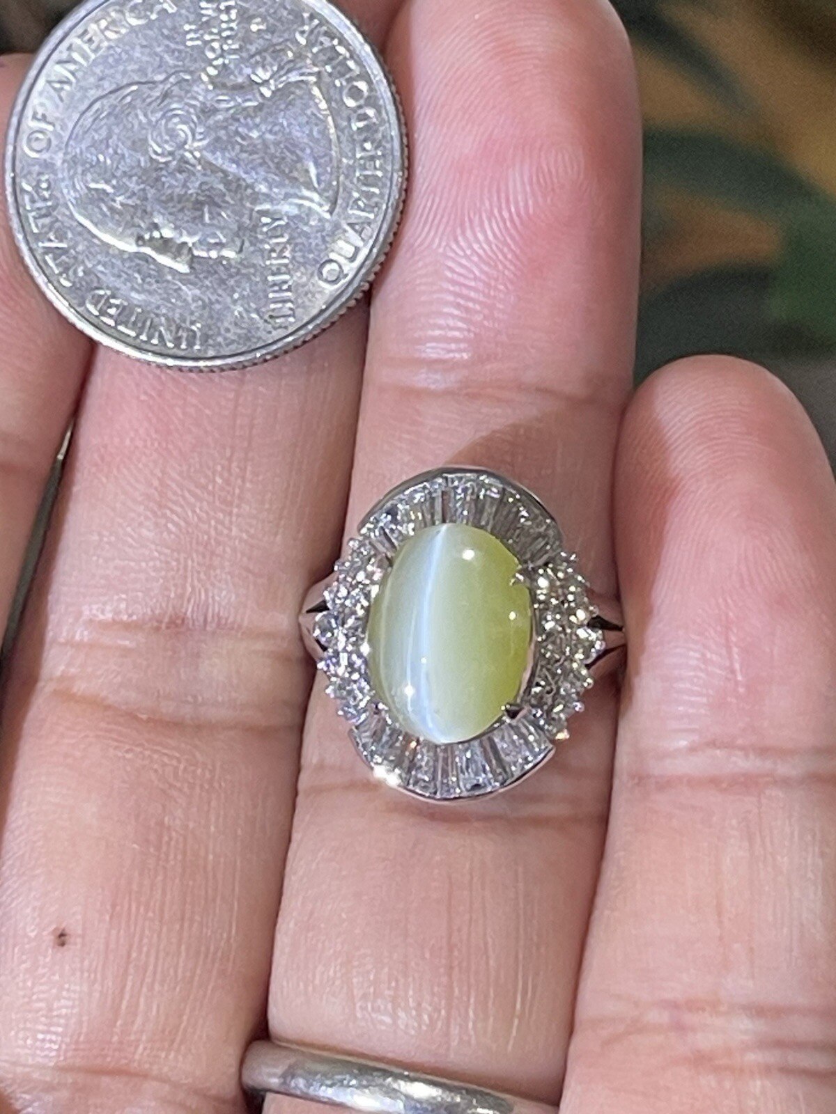 GIA 3.29ct Natural Chrysoberyl Greenish Yellow Cats Eye Ring 1.38ct diam,pt900