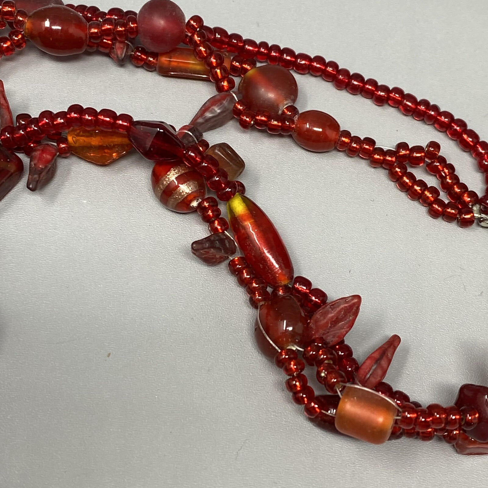 VTG Boho Glass Necklace Red Burgundy Glass Beads Czech Dichroic Frost Molded 24″