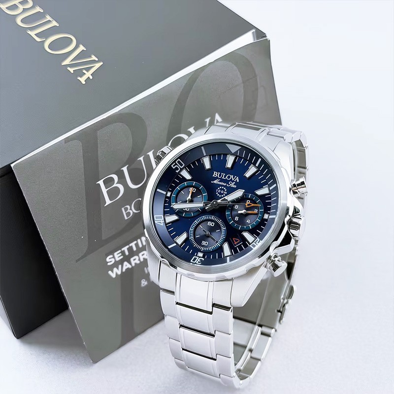 Bulova Men’s Marine Star 96B256 Blue Dial Stainless Strap Quartz Watch 43MM