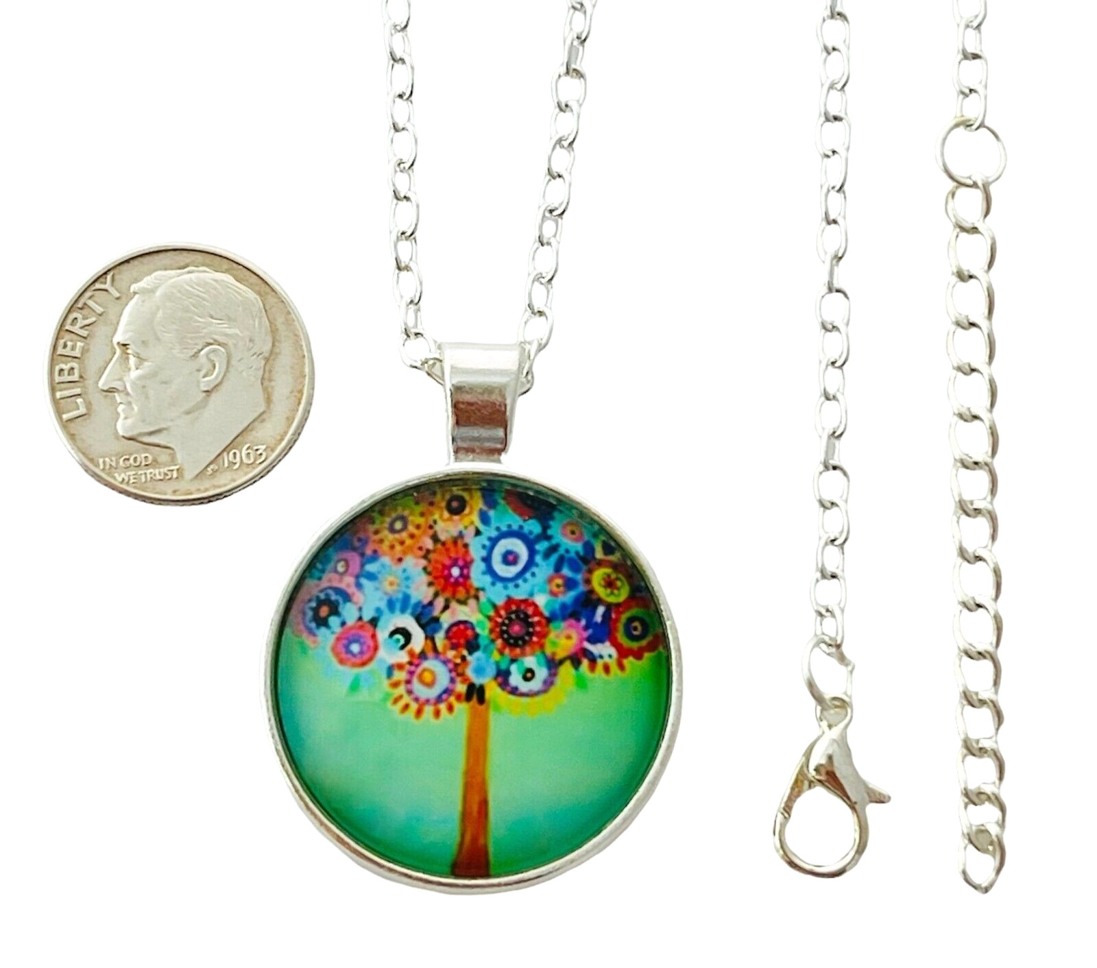 Colorful Flower Floral Tree Of Life Glass Domed Cabochon Chain 18″ Necklace