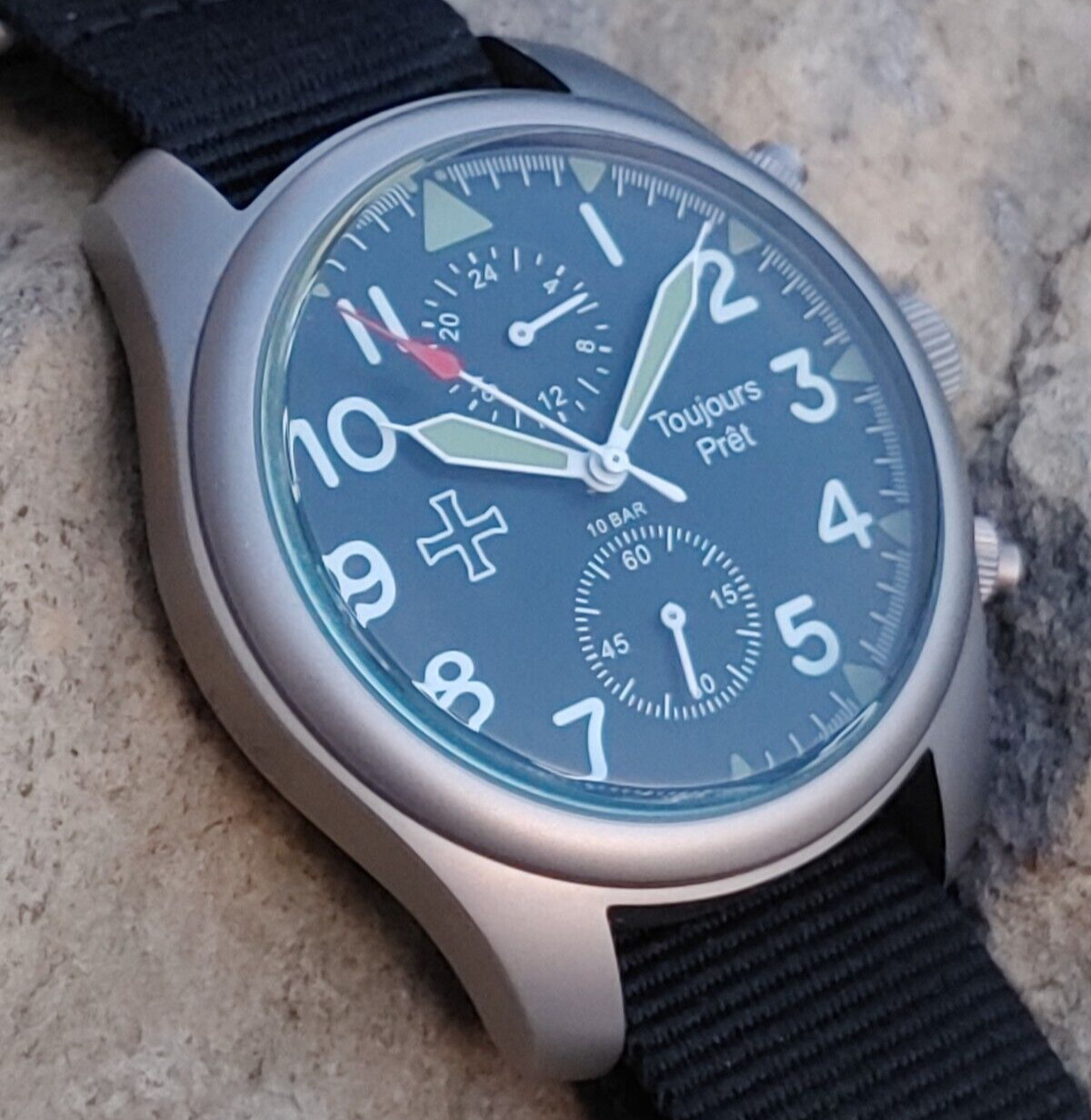 Toujours Pret GMT military field watch. Blasted stainless steel – domed crystal