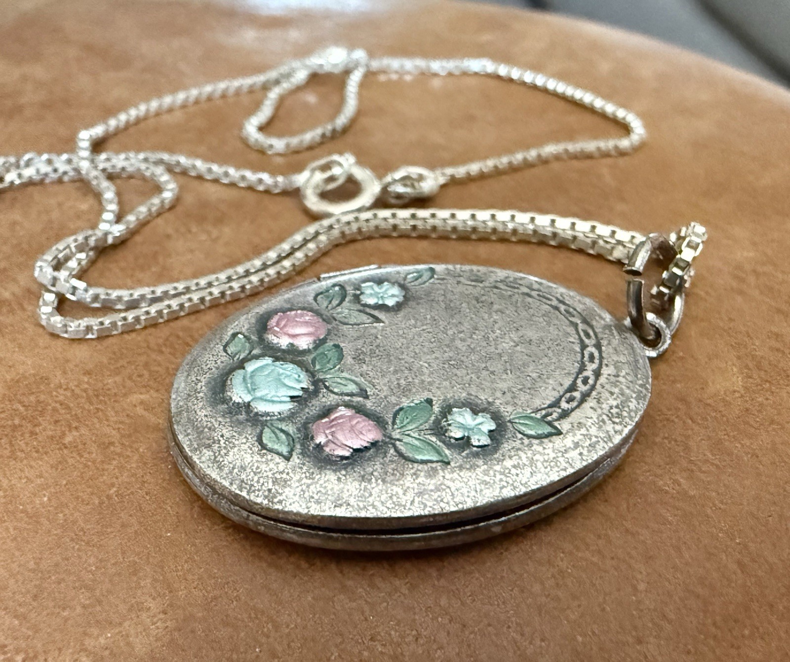 Antique Sterling Silver Enamel Rose Motif Photo Medallion Pendant Necklace 18”in