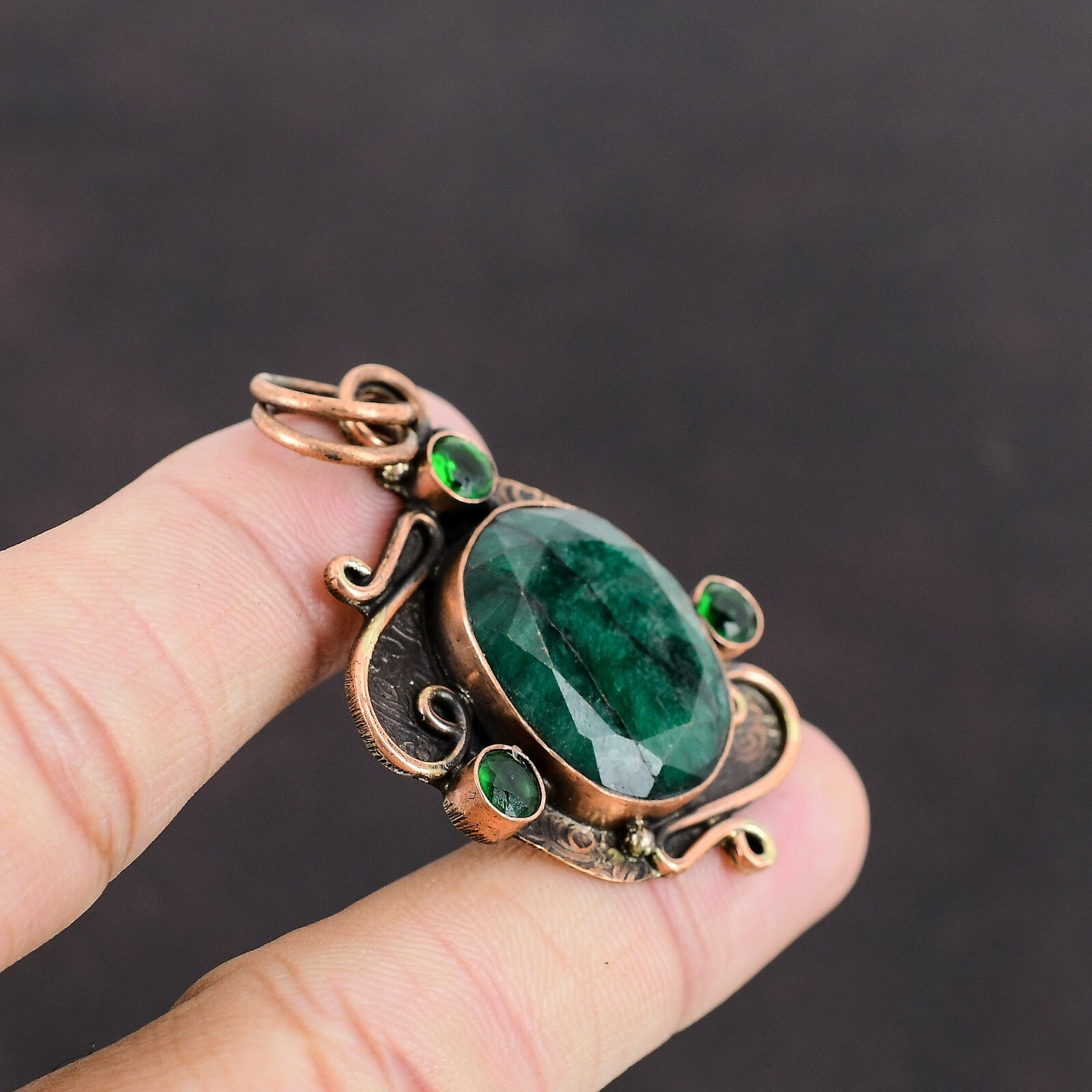 Valentines Sale Copper Oval Zambian Emrald Gemstone Chrome Diopside Boho Pendant