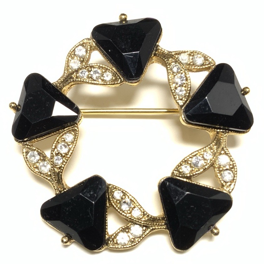 Gold Tone Black & Clear Rhinestone Brooch LK120
