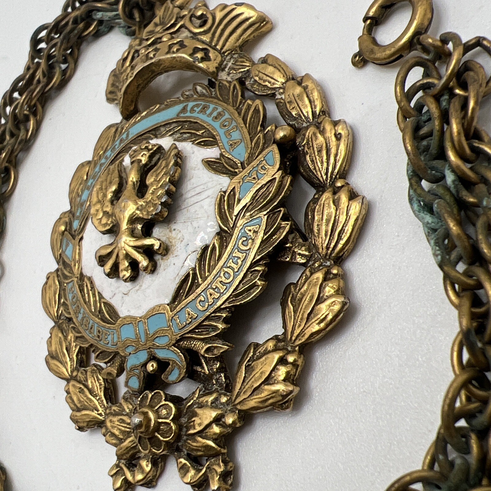 Vtg CORO Crown Eagle Pendant Enamel Isabel la Catolica Spain Medallion Jewelry