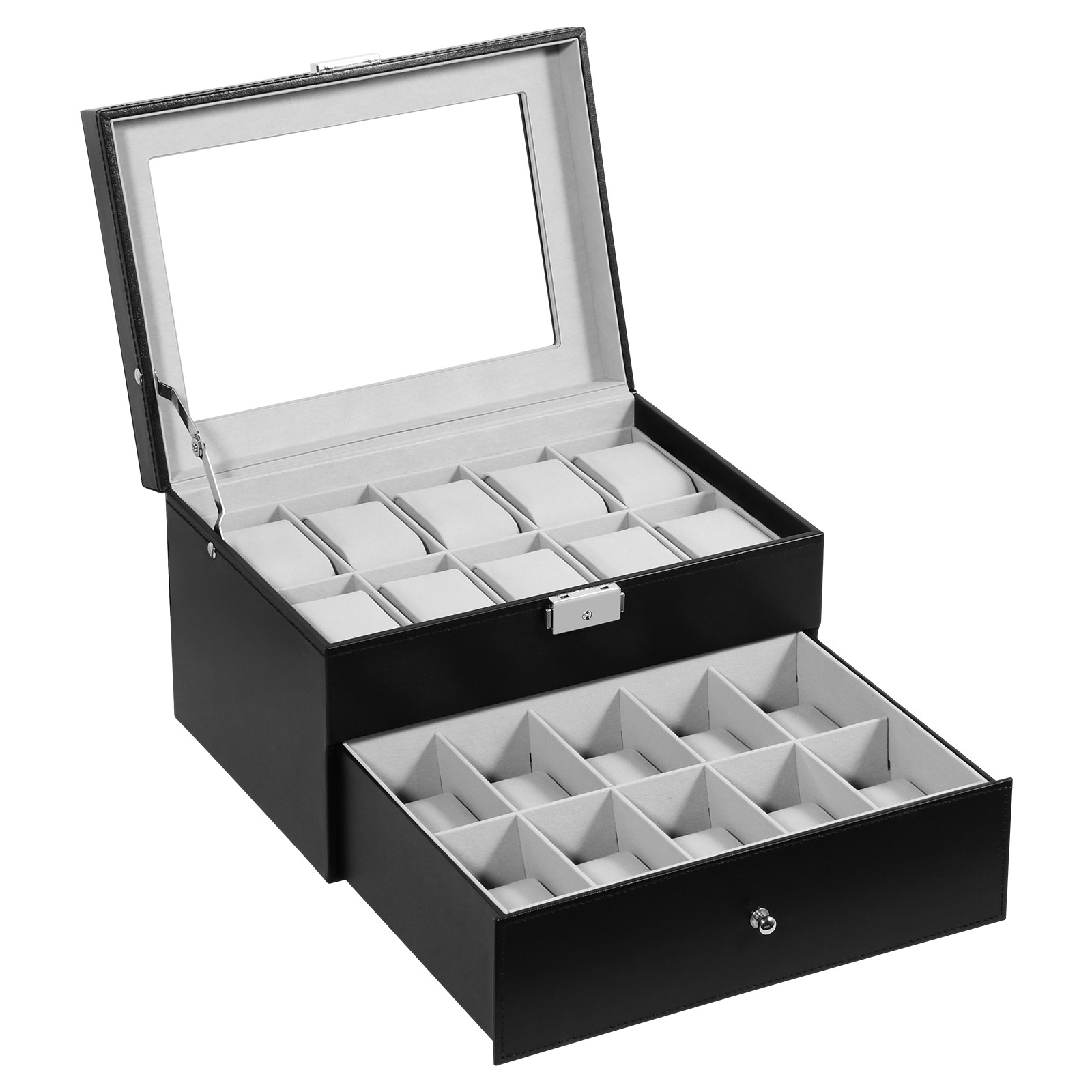 20 Slots Watch Box PU Leather Watch Case Lockable Jewelry Storage Display Case
