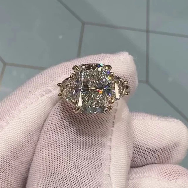 3.2TCW Cushion Cut Moissanite Three Stone Engagement Ring 14K Yellow Gold Plated