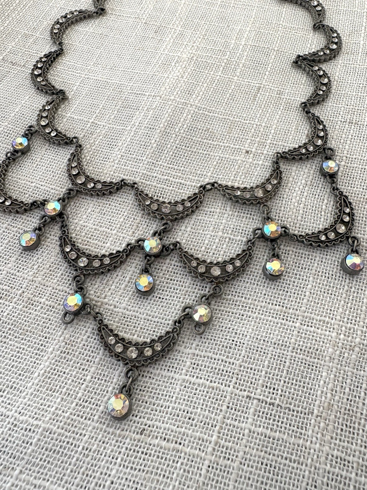 Vintage Crescent Scallop Necklace Iridescent Rhinestone Crystals Pewter Gunmetal