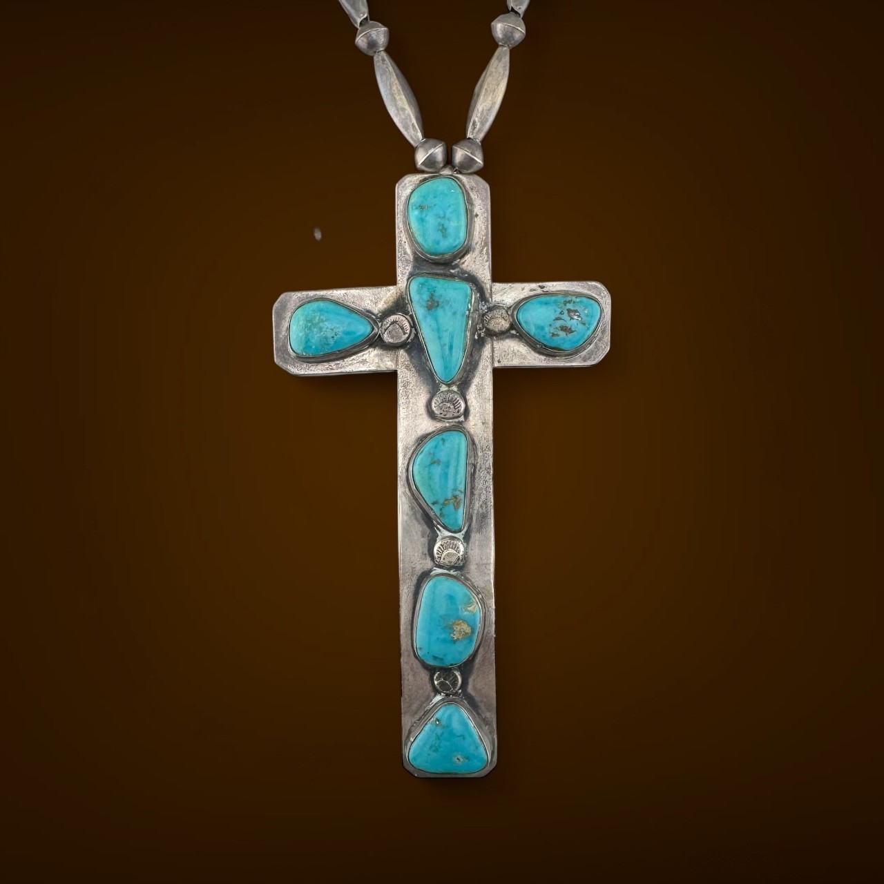 Large Vintage Southwestern Sterling Silver & Turquoise Cross Necklace 77.8g