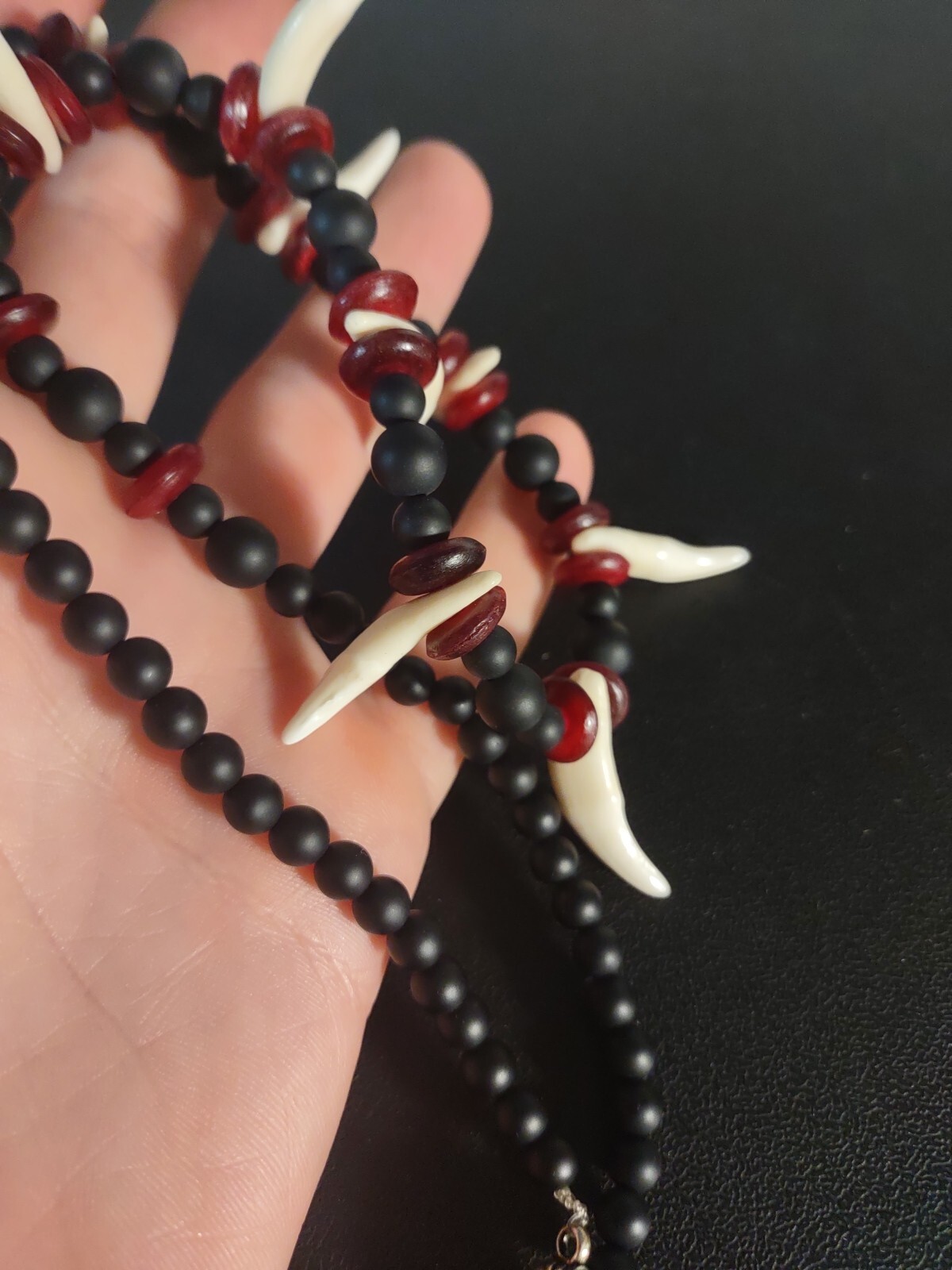 Modern 25″ Genuine Coyote Tooth Teeth, Onyx, Horn Necklace Handmade Artisanal